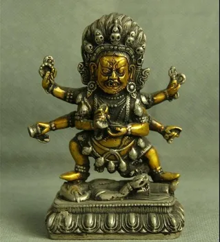 

YM 312 12.5CM Old Tibetan Silver Gilt Buddhism 6 arms Mahakala Wrathful Deity Sculpture
