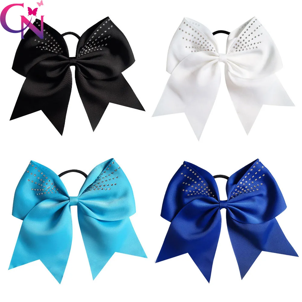 

20 Pcs/lot 7.5" High Quality Handmade Large Solid Ribbon Rhinestone Cheer Bow With Elastic Hair Band For Girls Kids Headwear