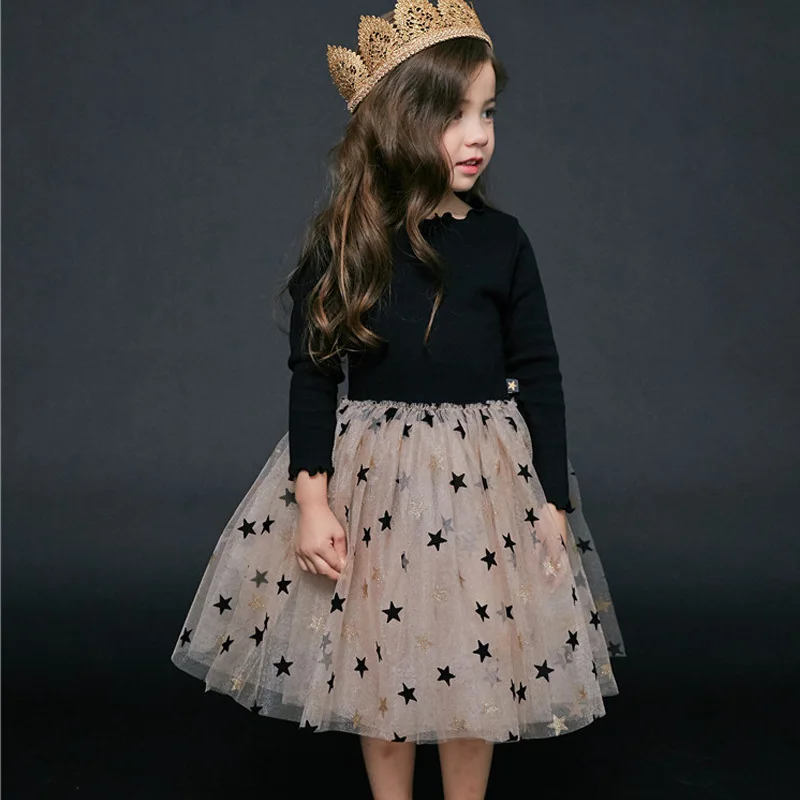 

Girls Princess dress 2019 New autumn Style Children Dresses stars long sleeves cotton princess dress mesh children's pettiskirt