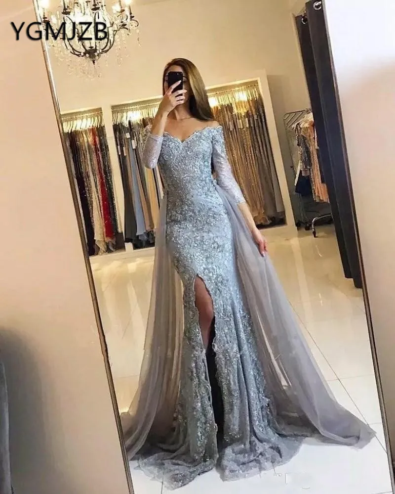 Elegant Lace Evening Dresses Long 2019 Mermaid Detachable Train 3/4 Sleeve Split Saudi Arabic Women Formal Prom Gown Party Dress