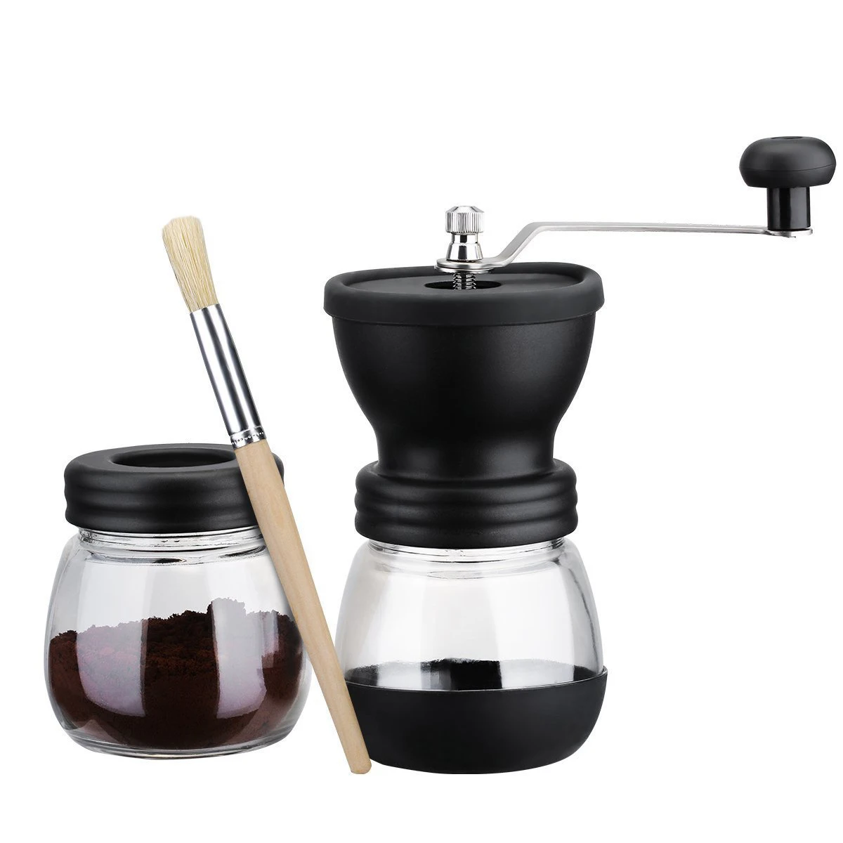 Ручная кофемолка с баночкой для хранения мягкой щеткой коническая керамическая заусенца Тихая с 2 стеклянными герметичными горшками портативная кофейная мельница инструмент - Цвет: Black