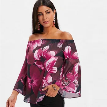 

2018 new Fashion Women Blouse Ladies Off Shoulder Slash Neck Sexy Floral Flare Sleeve Tops Casual Loose Blouse Chiffon Shirts