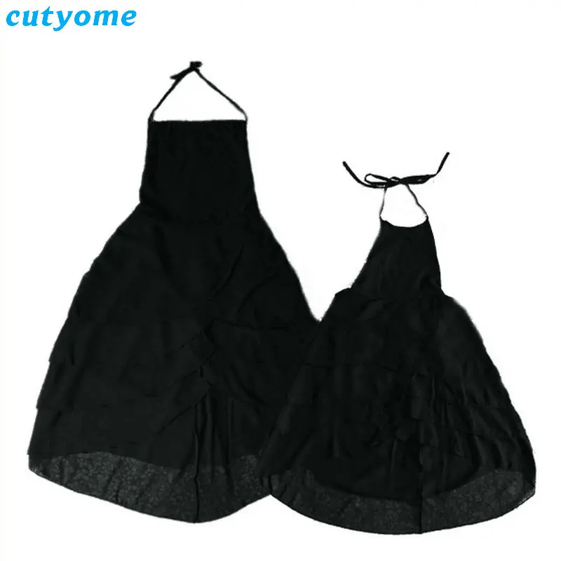 Одинаковая одежда для мамы и дочки; шифоновое платье без рукавов; пляжные черные платья для маленьких девочек; одинаковые комплекты для семьи