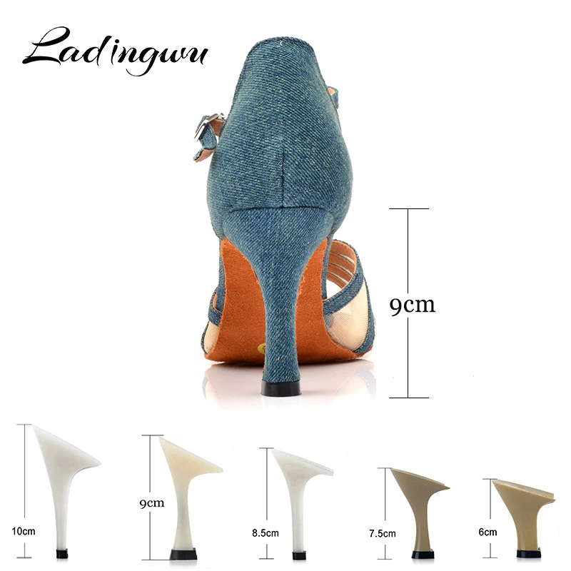 Ladingwu New Denim And Net Latin Dance Shoes Woman's Comfort Professional Salsa Shoes Dancing Cuba Heel Dance Shoes sandals