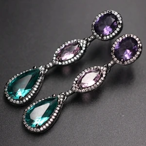 black plated Красочные длинные серьги в виде капель для женщин, кубический цирконий, Разноцветные Хрустальные стеклянные серьги-капли, модные вечерние ювелирные изделия - Окраска металла: black plated