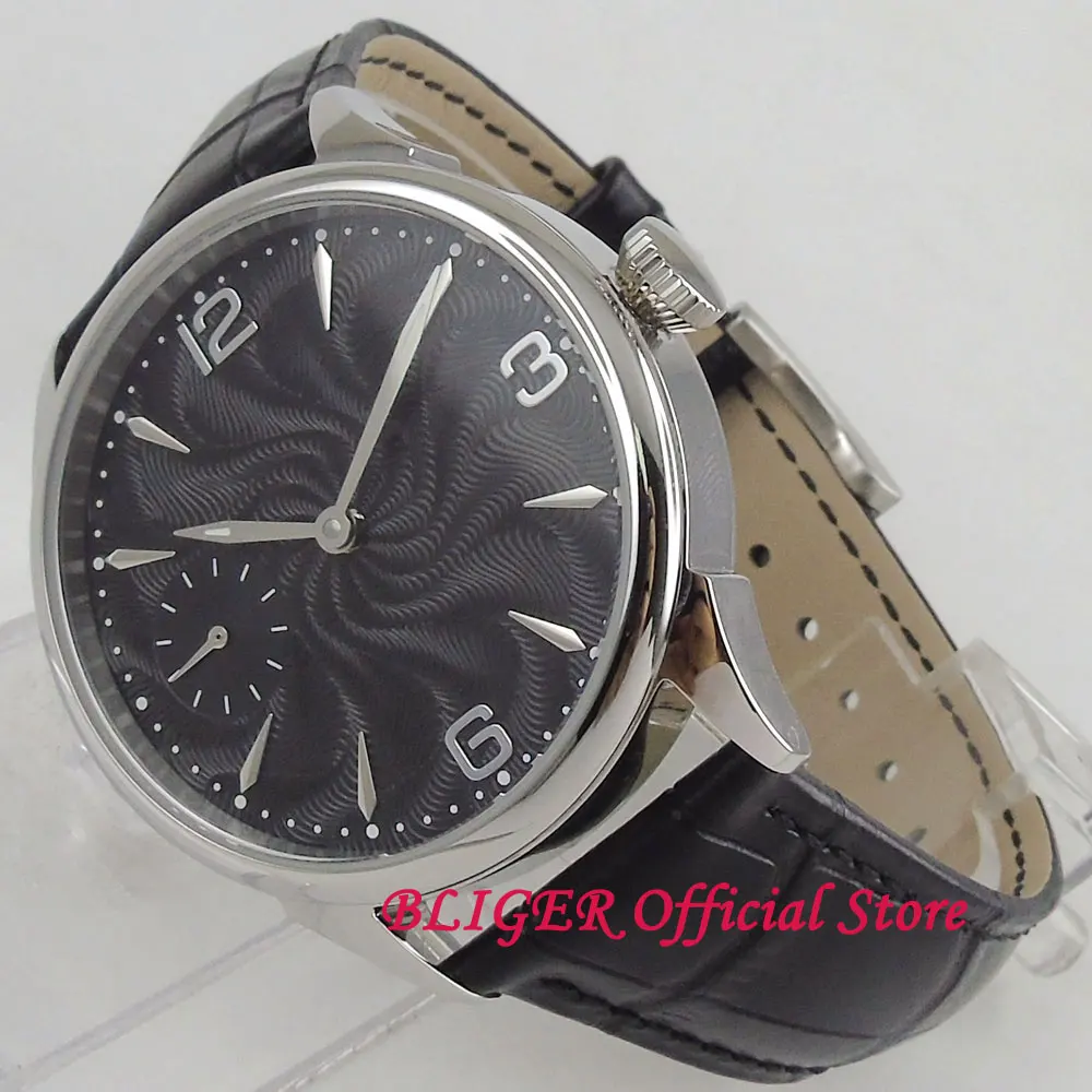 

Vintage polished 44mm men's watch black dial silver hands Mechanical 17 Jewels 6497 Hand Winding Movement Men's Watch 1009