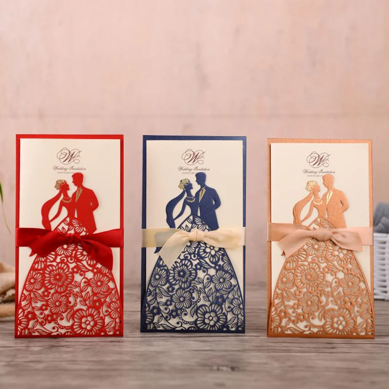 

1pcs Bride And Groom Laser Cut Wedding Invitations Card Greeting Cards Customize Envelopes With Ribbon Wedding Party Supplies