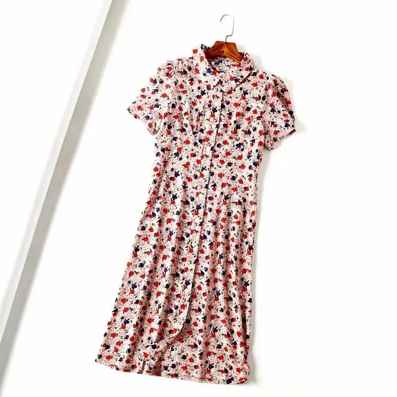 

SD50-9130 European and American fashion printing lapel short-sleeved dress