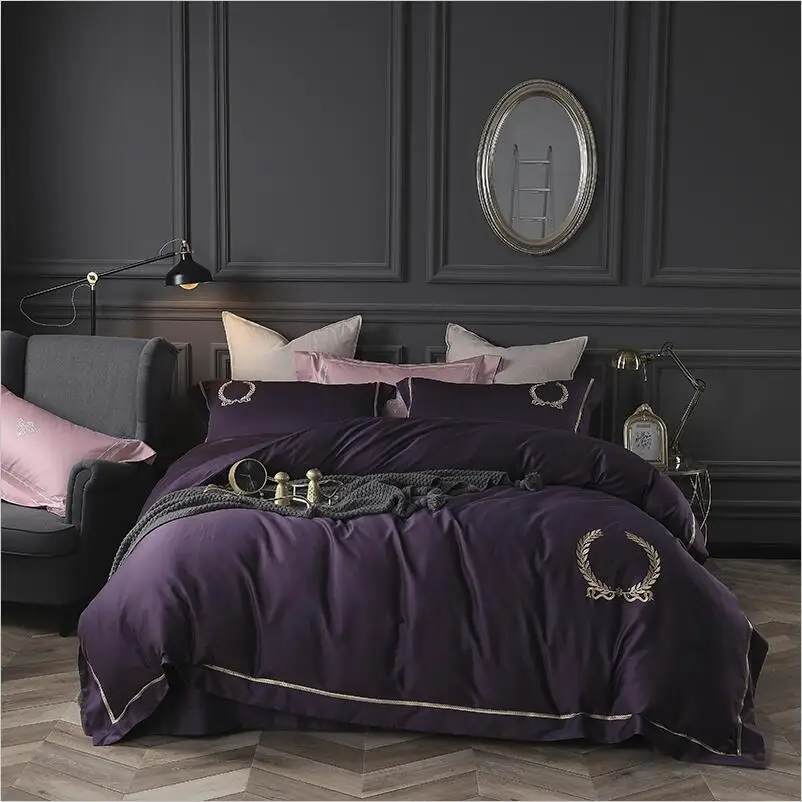 2019 Egyptian cotton purple color luxury bedding set queen king size 4pcs bed sheet linen embroidered duvet cover | Дом и сад