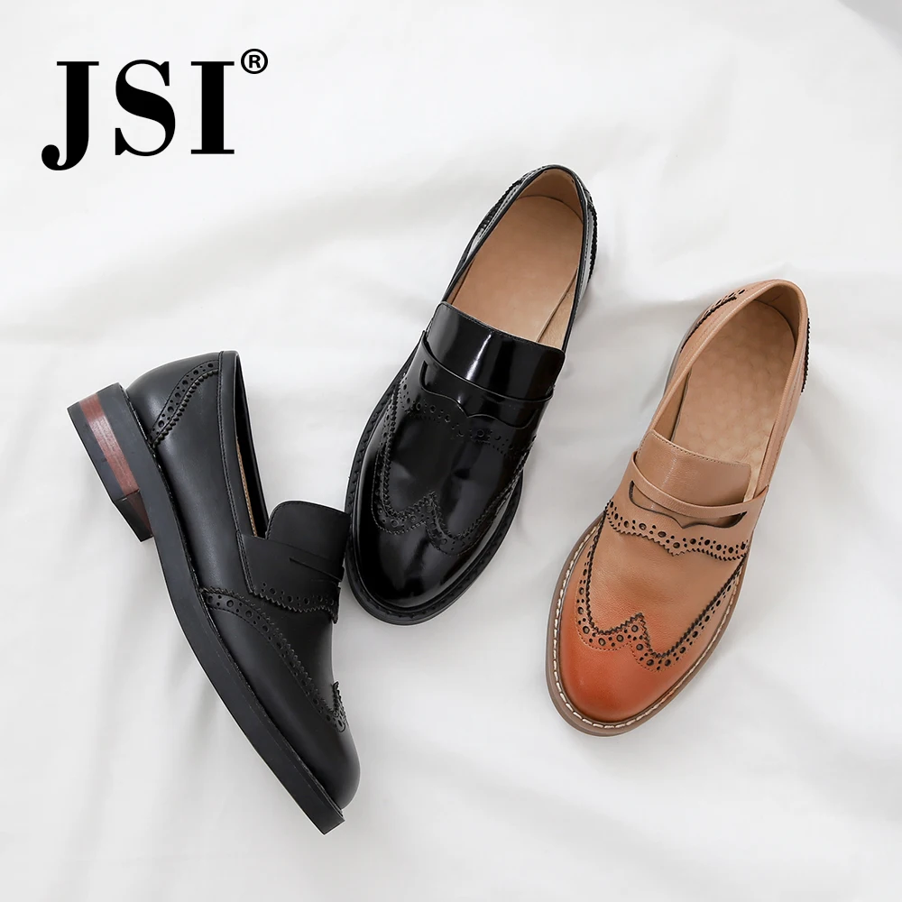 

JSI New Casual Genuine Leather Slip-On Ladies Flats Fashion Sewing Square Heel Brogue Shoes Round Toe Low Heel Women Flats JO254