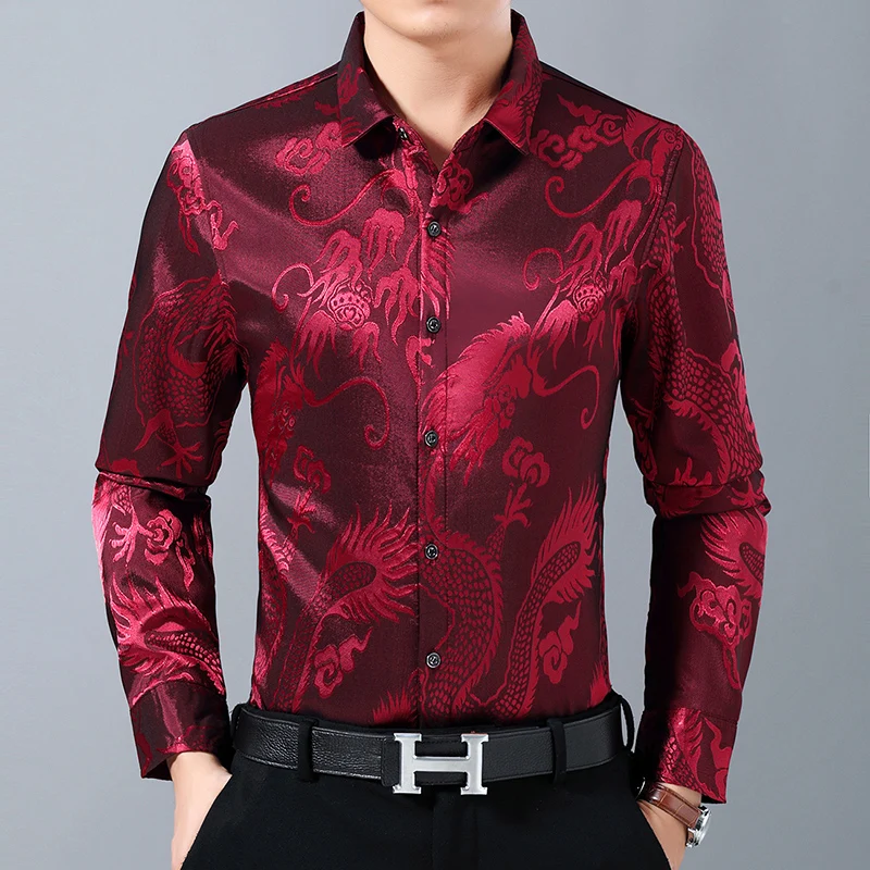 Red Velvet Shirts Mens Brown Dragon Printed Shirts Luxury Man Silver ...