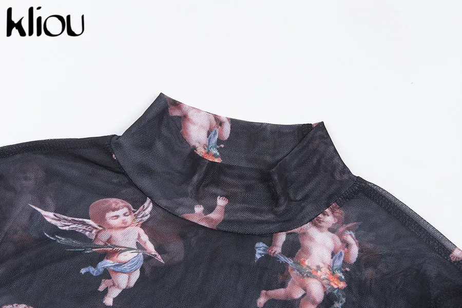 Kliou/женское сексуальное прозрачное платье-водолазка с длинными рукавами, черные футболки с принтом Амура, модные Клубные Повседневные футболки для девочек