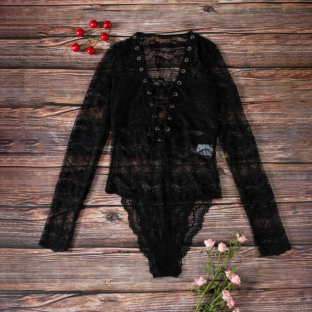 summer lace bodysuit long sleeve deep v-neck ribbons black sexy jumpsuit body ladies one piece