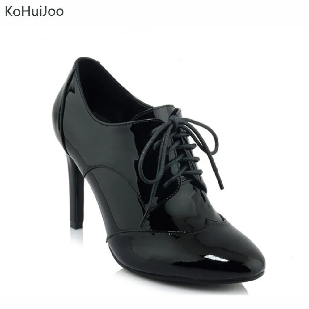 

KoHuiJoo 2018 Spring Lace up Patent Leather Shoes for Women Black White Fashion Pointed Toe High Heels Lady High Quality Pumps