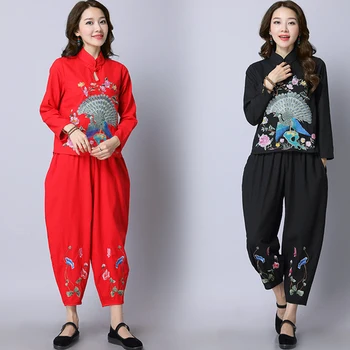 

Chinese Style Embroidery 2 Piece Set Women Cotton And Linen Trousers Suit Set Haren Pants Tracksuit Ensemble Femme Deux Pieces