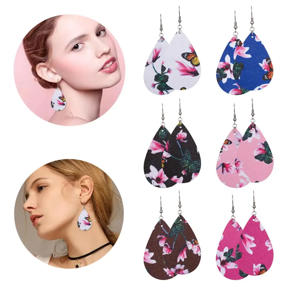 

Geometric Drop-shaped Printed PU Leather Earring Retro Print Colorful Dangle Big Drop Earring for Women Pierced Earring Jewelry