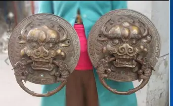 

zhmui8800626325<<+China Bronze Foo Dog Lion Head Dragon Temple Avoid EvilDoor handle Knocker pair