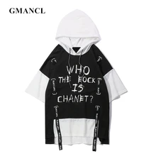 Мужская Новая летняя футболка с капюшоном с надписями в стиле Харадзюку, хип-хоп, с лентами, с коротким рукавом, толстовки, футболки, уличная одежда