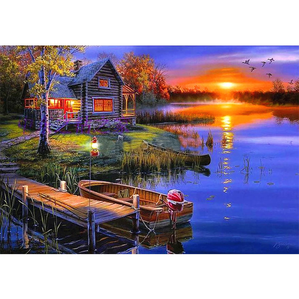 

LI LOYE DIY Full Round Diamond Painting Evening Fisherman's home picture Combination Embroidery Cross Stitch Mosaic Decor RT587