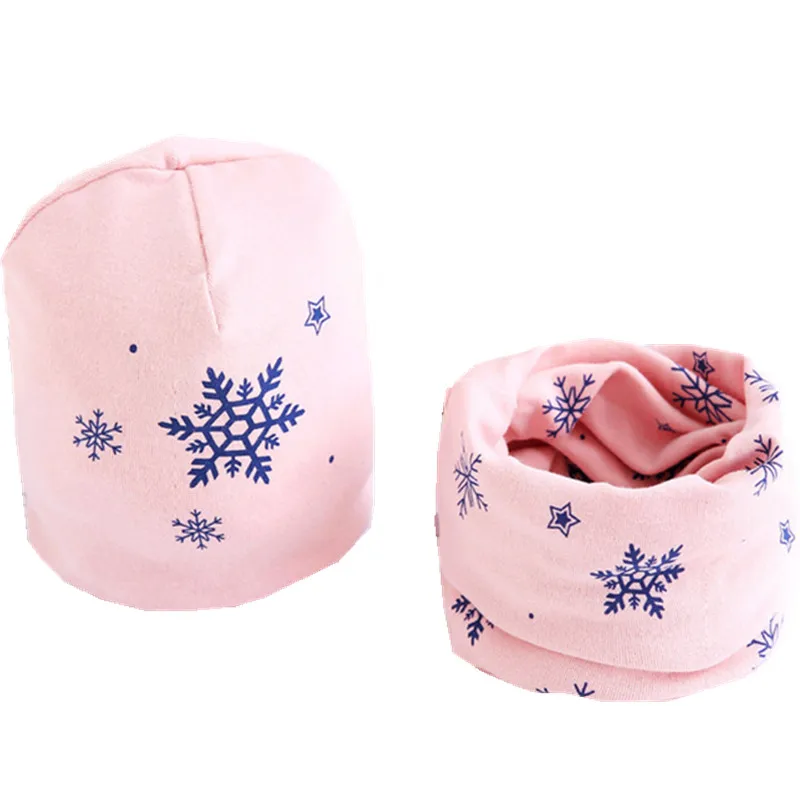 pink snow set Новые Хлопковые плюшевые шапки для девочек с шарфом Фрукты Сова-овца Звезды Львиная шапочка для мальчиков Детская шапка с шарфом и воротником Комплект хлопчатобумажной шапки для детей - Цвет: pink snow set
