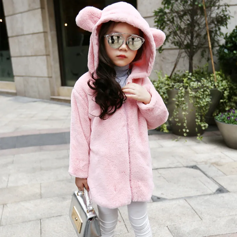 

Furry Winter Girl Faux Fur Fleece Coat Warm Jacket Xmas Snowsuit Outerwear Children Kid Clothes Hooded Fake Fur Overcoats F172