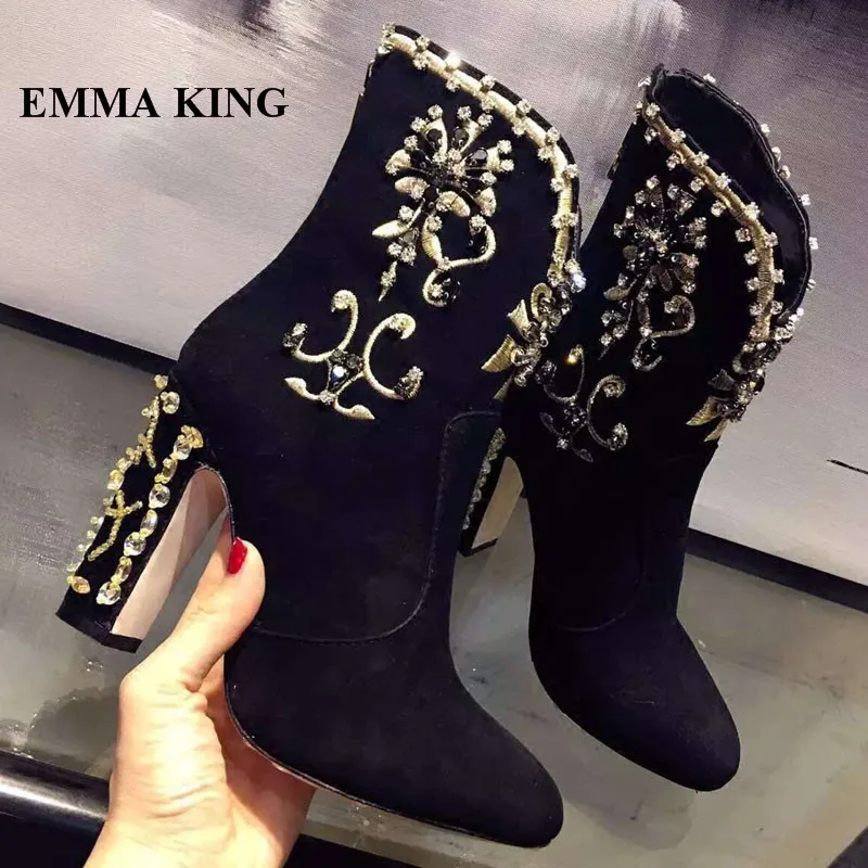 EMMA KING/Роскошные Черные ботильоны на массивном высоком каблуке, украшенные стразами, zapatos mujer, женские полусапожки с цветочным узором