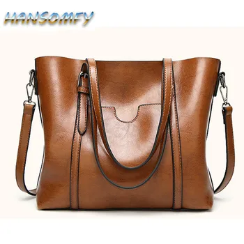 

HANSOMFY Women bag Oil wax Women's Leather Handbags Luxury Lady Hand Bags With Purse Pocket Women messenger bag Tote Sac MX-05