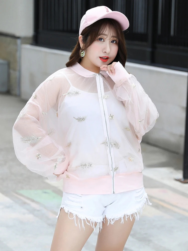 

MINSUNDA Plus Size Casual Embroidery Sheer Mesh Jacket Women Stand Collar Sequins Detail Jackets Ladies Fringe Zip-up Outwear