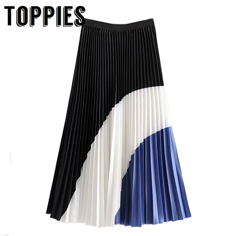 

2019 Color block Patchwork Midi Skirt England Style High Waist A-Line Pleated Skirt Lady Elegant Streetwear