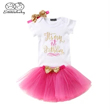Emmaaby/Детская летняя одежда Детский комбинезон на день рождения для маленьких девочек, футболка+ мини-платье с кружевом юбка-пачка+ повязка на голову, комплект одежды из 3 предметов