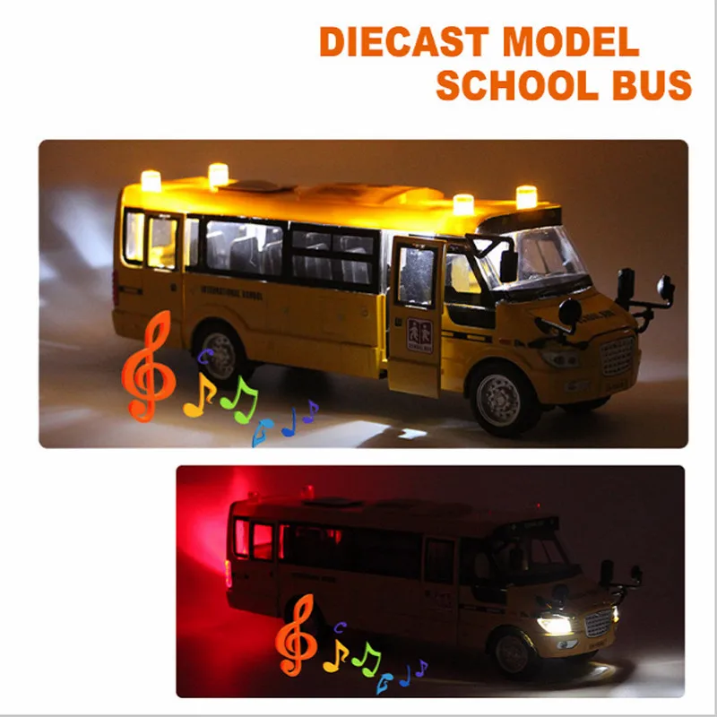 Музыкальный звук и светодиодный светильник из металлического сплава, модель школьного автобуса, открытая дверь, оттягивающая автомобиль, игрушки для детей на Рождество с бесплатным подарком, дорожный знак