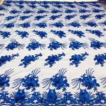 

Blue French Mesh Lace Fabric with Applique 3D Flower French Net Lace Material Tulle Mesh Lace with Beads for Party Dress