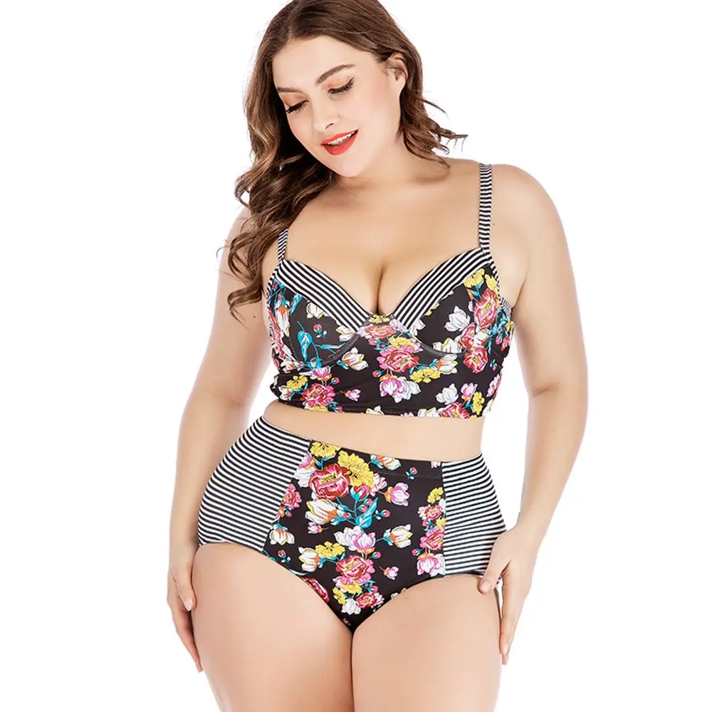 PLUS SIZE bikini push up patchwork swimsuit high waist swimwear floral