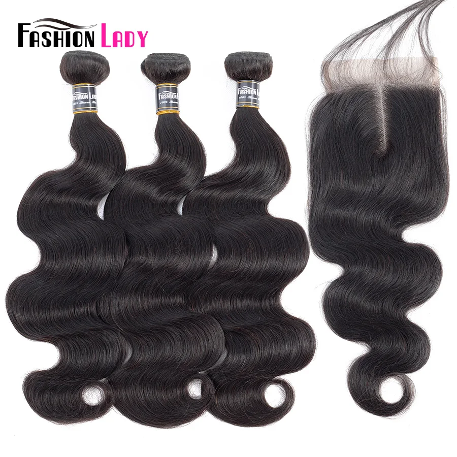 

Fashion Lady Pre-Colored Body Wave Peruvian Bundles With Closure Human Hair Weave Natural Color 3 Bundles With Closure Non-Remy