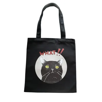 

Little Paris hand made surprised black cat canvas bag female shoulder bag Cute black cat cartoon pattern canvas bag