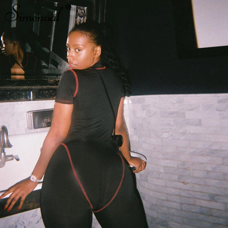 Women Casual Jumpsuit Zipper Patchwork Active Wear Rompers OG0681