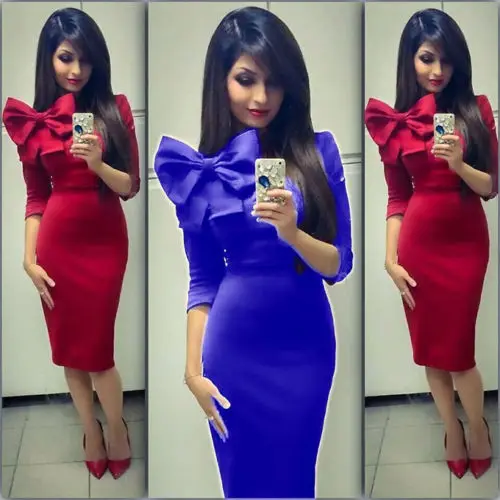 

2018 Spring New Womens Dresses Elegant Vintage Slim Sexy Rockabilly Long Sleeve Bow Party Work Sheath Bodycon Pencil Dress XXL