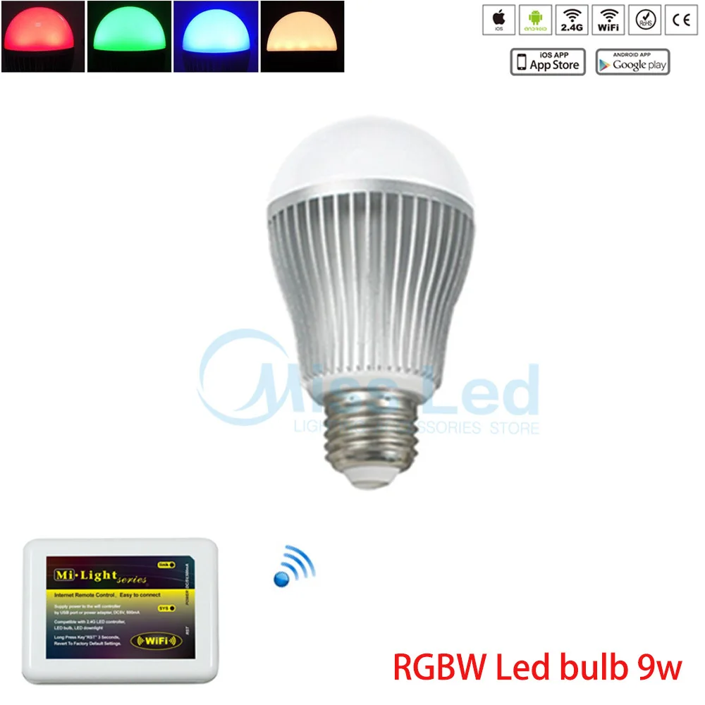 

9w E27 2.4G Wifi LED Bulb RGB Warm/Cold White + Mi light wifi controller via IOS Android phone app For LED Strip Light Lamp Bulb