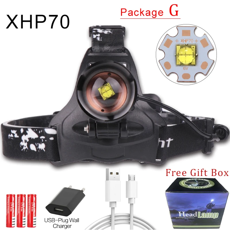 Package G Светодиодный головной светильник XHP70.2 USB Перезаряжаемые фары XHP70/XHP50 головной светильник зум налобный фонарь головки вспышки света светильник Водонепроницаемый - Испускаемый цвет: Package G