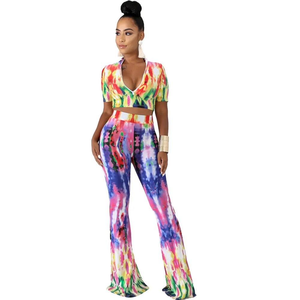 

Adogirl tie-dye floral print women two pieces sets sexy v neck crop top + flare pants night club suits high elastic boho outfits