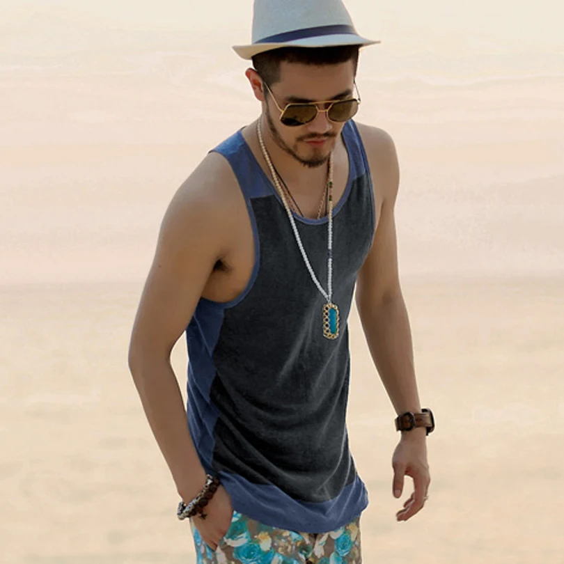 MEN Beach Vest Fashion Men Beach Vacations Tops Casual Cotton Patchwork