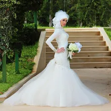 muslim hijab wedding dress long sleeve Mermaid Sweetheart Pearls zipper back vestido de noiva louisvuigon 2017 Bridal Gowns
