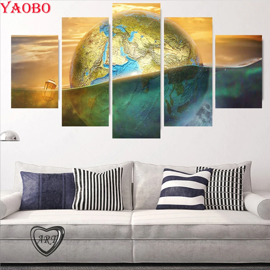 5D DIY Diamond Painting Full Square Round earth Embroidery Mosaic Cross Stitch 5 pieces 3D Room Wallpaper | Дом и сад