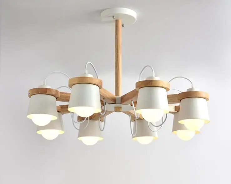 

LED Chandelier For Hall White Suspension Lighting Fixtures E27 Chandeliers With Iron Lampshades Wooden Home Lustre