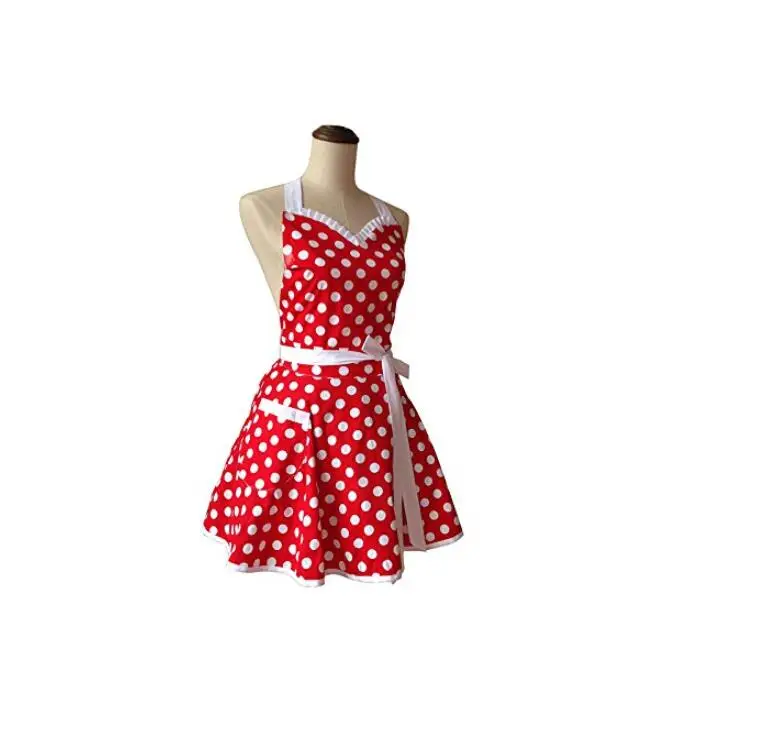 Lovely Sweetheart Red Retro Kitchen Aprons Woman Girl Cotton Polka Dot Cooking Salon Pinafore Vintage Apron Dress Waterproof