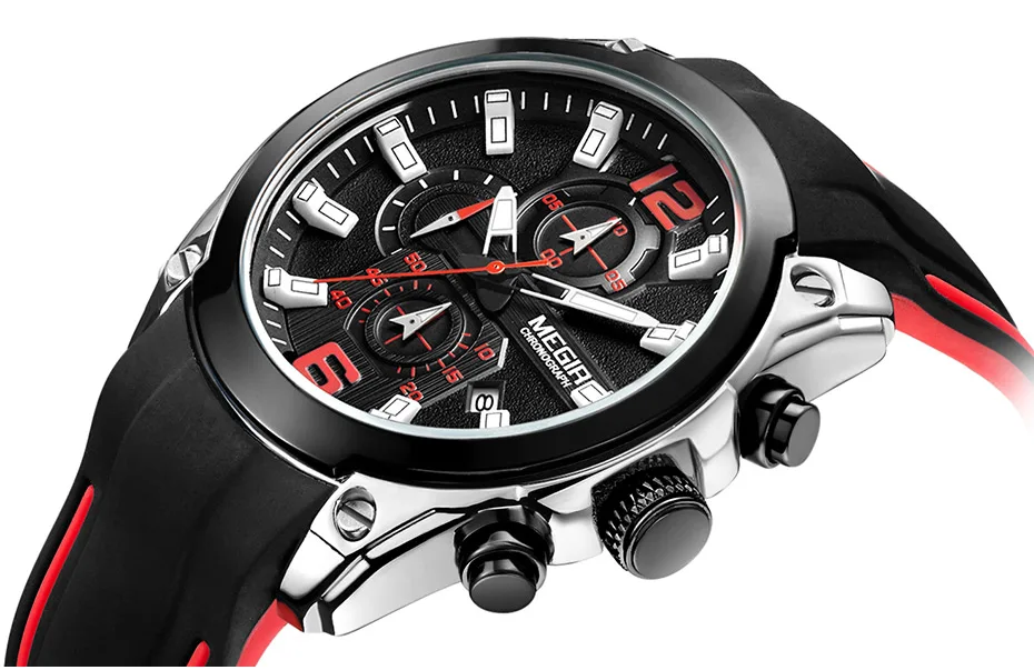 Megir Мужские Аналоговые кварцевые часы с хронографом, модные спортивные наручные часы с резиновым ремешком со светящимися стрелками для мальчиков 2063GS-BK-1
