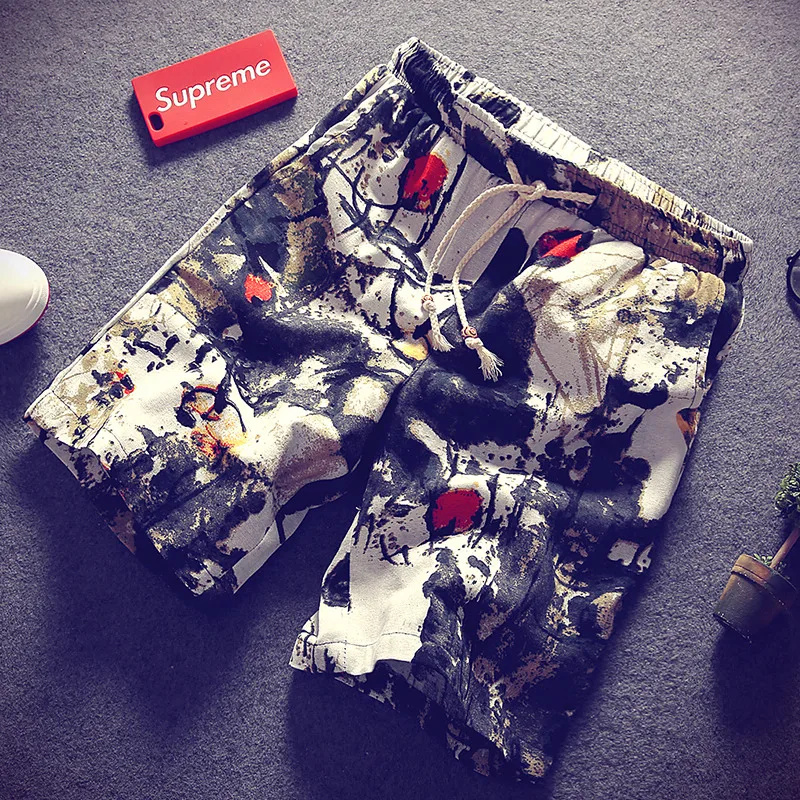  100% Cotton Summer Mens Fashion Boutique Printed Linen Cotton Casual Beach Shorts Mens Breathable C