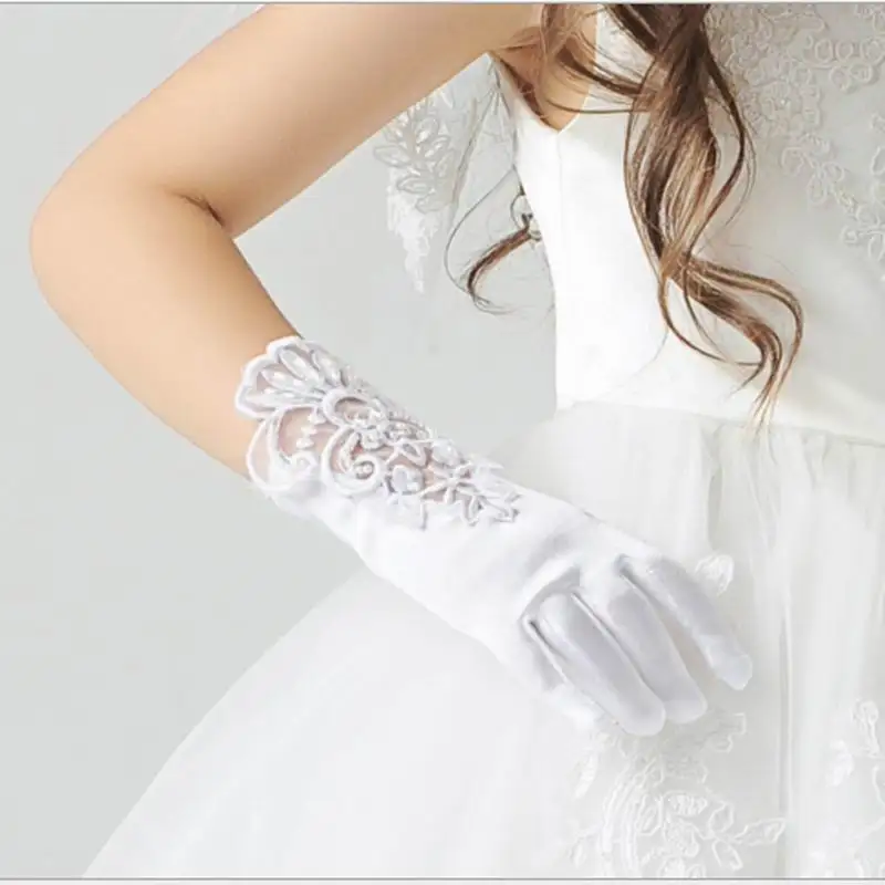 Fashion Kid LACE Satin Long Finger short Gloves Children Flower Girl Dress gloves Kids gift
