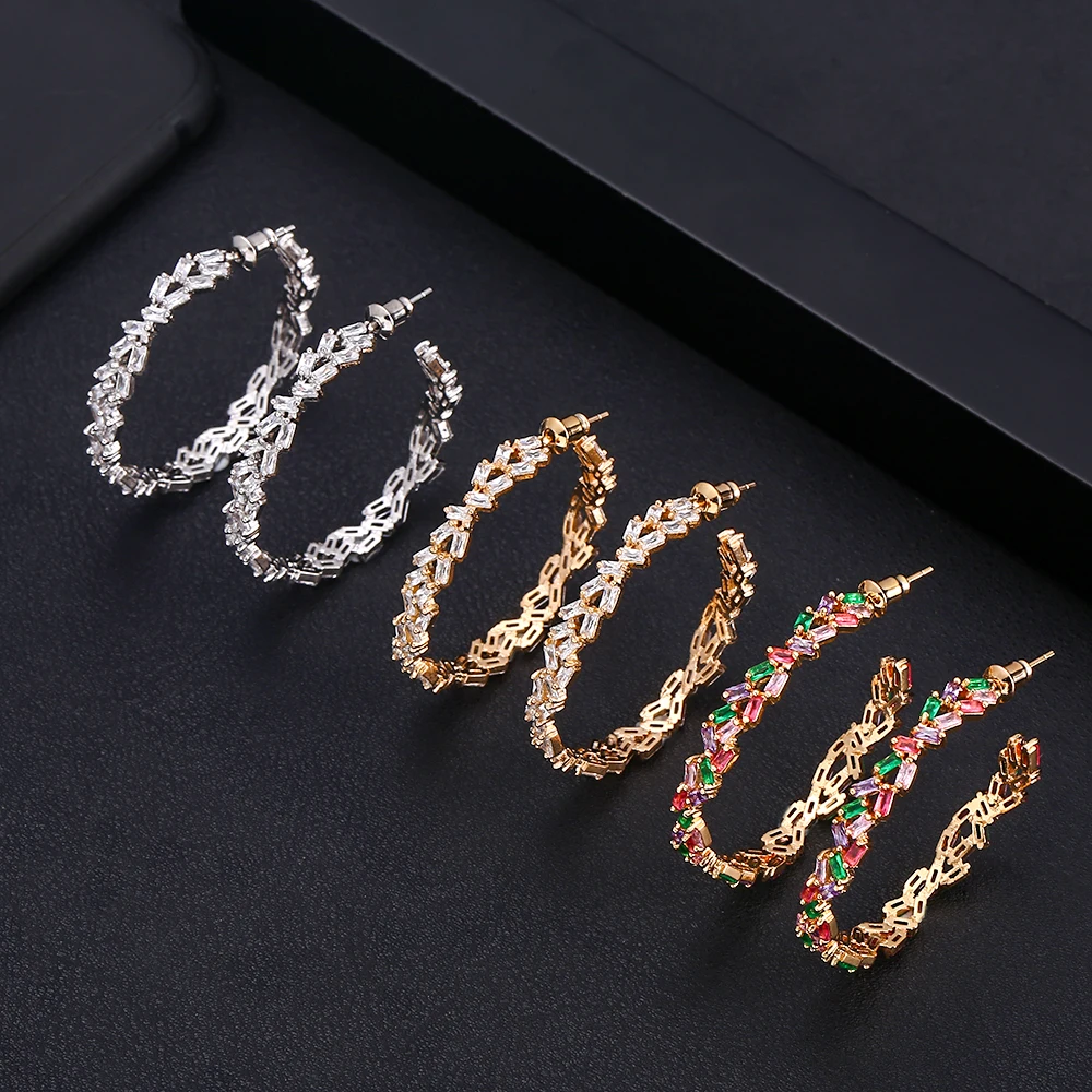 

jankelly Personality Luxury Cubic Zircon Crystal Circle Hoop Earrings For Women Wedding Trendy Party Retro Round Hoop Earrings