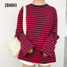 Новые черные красные корейские весенние хип-хоп Большие размеры Свободные повседневные Модные полосатые женские футболки с длинным рукавом и круглым вырезом